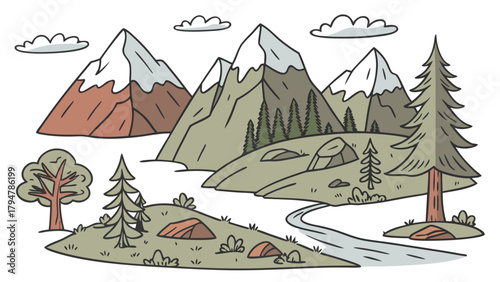 Serene Hand Drawn Mountain Landscape with Forest River Hills for Outdoor Adventure Travel Blogs Tourism and Environmental Education