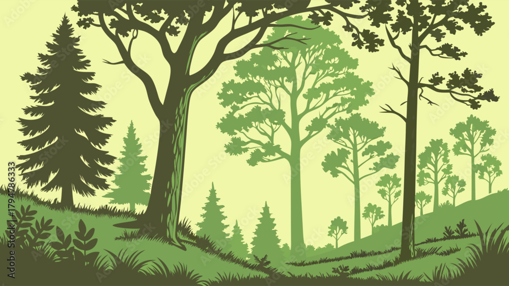 Fototapeta premium Vibrant Green Forest Silhouette Landscape Illustration. Peaceful Nature Scene for Environmental Protection, Outdoor Brands, and Sustainable Design.