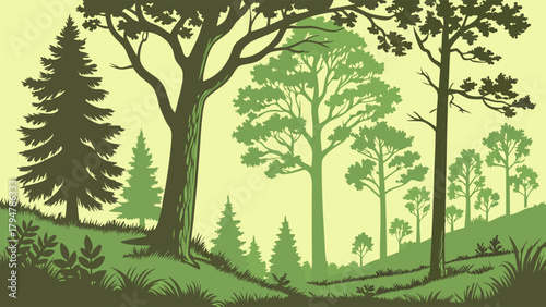Vibrant Green Forest Silhouette Landscape Illustration. Peaceful Nature Scene for Environmental Protection, Outdoor Brands, and Sustainable Design.