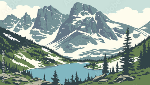 Tranquil Mountain Landscape with Alpine Lake and Pine Forest Vector Illustration for Travel Tourism Outdoor Adventures and Web Design