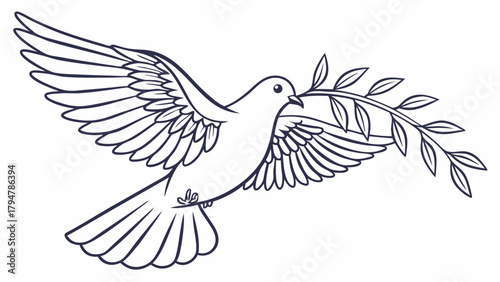 Flying White Dove Olive Branch Outline Vector. Peace Hope Freedom Harmony Symbol. Spiritual Environmental Non-Profit Branding Logo Design Web Print Media.
