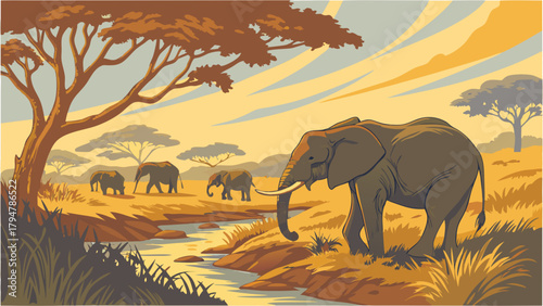 African Elephant Family Walking by River at Golden Sunset in Savanna. Wildlife Conservation and Adventure Travel Art.