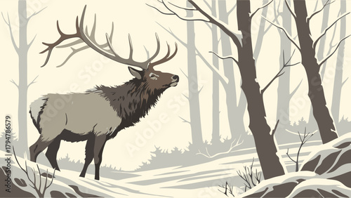 Majestic Elk Standing in Snowy Winter Forest. Powerful Wildlife Illustration for Nature Conservation, Outdoor Travel, and Seasonal Holiday Marketing.