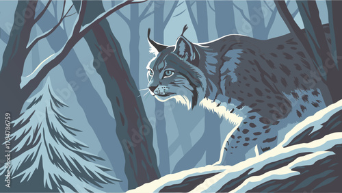 Majestic Wild Lynx Walking in Snowy Winter Forest Illustration Wildlife Nature Predator Animal Cold Season Wilderness Digital Art
