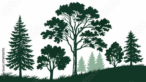 Diverse Green Trees Forest Landscape Silhouette Vector Illustration for Nature Environment Conservation Eco-Friendly Sustainable Growth Design
