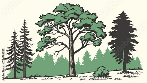 Lush Green Forest Landscape with Diverse Pine and Deciduous Trees Graphic Illustration for Nature Conservation Outdoor Recreation and Environmental Design