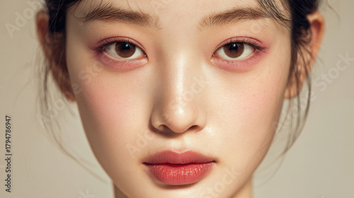 Close-up portrait of a young Asian woman with natural pink makeup