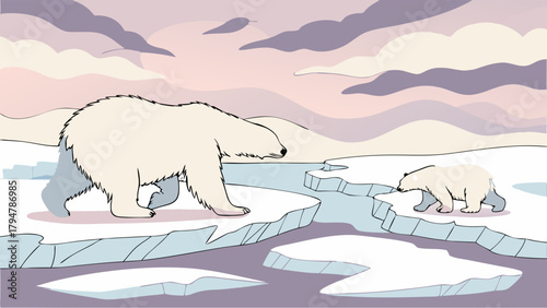 Polar Bear Mother And Cub Walking On Melting Arctic Ice Floes Climate Change Environmental Impact And Conservation