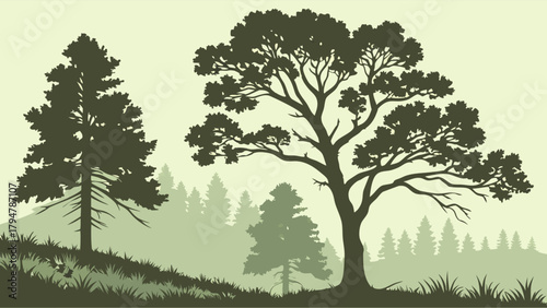 Green Forest Silhouette Landscape. Peaceful Trees and Hills for Nature Conservation, Outdoor Recreation, Travel, and Wellness Background Design.