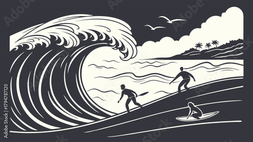 Vintage Surfers Riding Giant Ocean Wave on Beach Landscape. Monochrome Retro Summer Sports and Travel Adventure Design.