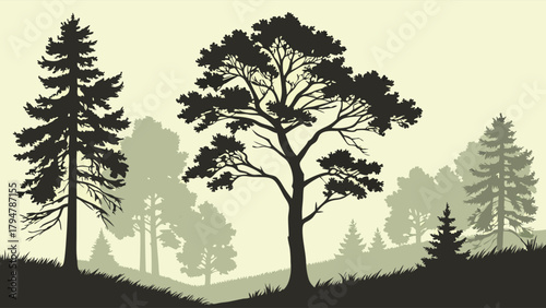 Misty Forest Silhouette Landscape with Conifer and Deciduous Trees for Nature Backgrounds Environmental Design and Outdoor Web Graphics