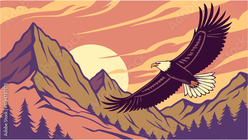 Majestic Bald Eagle Soaring Over Mountain Sunset. Vector Art for Wilderness Travel, Outdoor Adventure, Freedom, Strength, and Aspirational Brand Marketing.