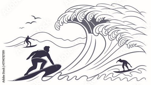 Dynamic Surfers Catching Big Ocean Waves Graphic for Summer Vacation Travel and Extreme Sports Lifestyle