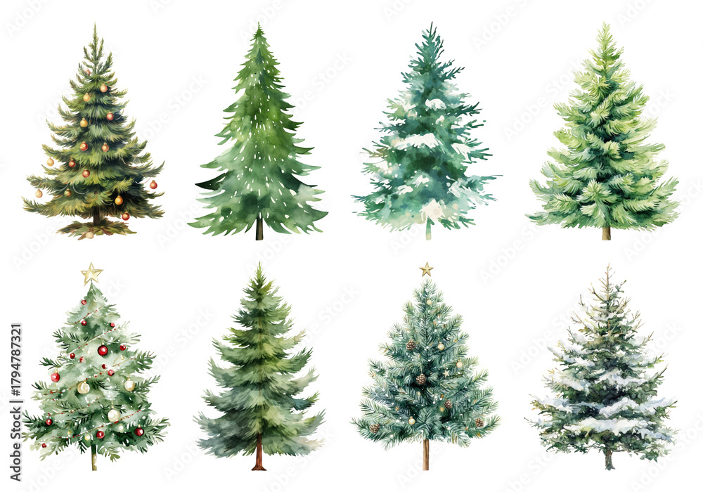 Obraz premium PNG Watercolor Christmas tree illustrations, element set on transparent background