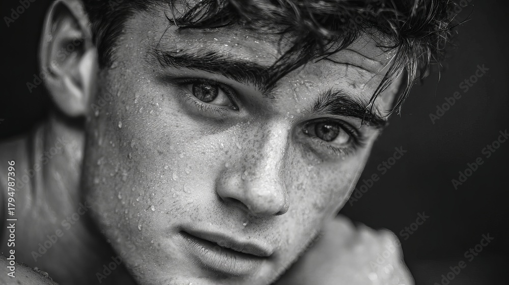 Fototapeta premium Intense close up of a young man's face glistening with sweat, conveying determination and raw emotion in a dramatic black and white portrait.