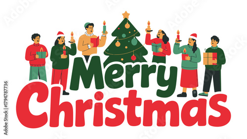 Joyful Christmas Gathering: A festive Christmas scene unfolds as a group of people gather, each holding a candle, symbolizing the warmth and togetherness of the season.