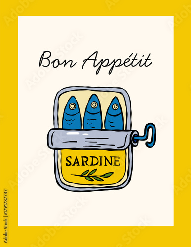 Retro sardine poster with Bon Appétit text and yellow border