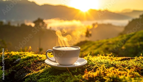Steaming beverage in white cup sits on mossy surface, with sun and forest visible in the background