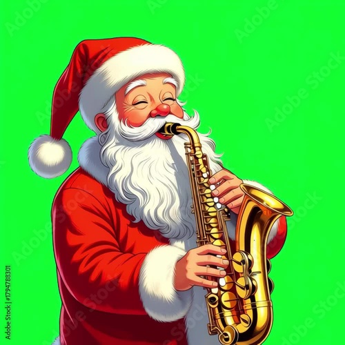Santa Claus plays the saxophone. Christmas. New Year. Green background. Animation. 4K. chroma-key
