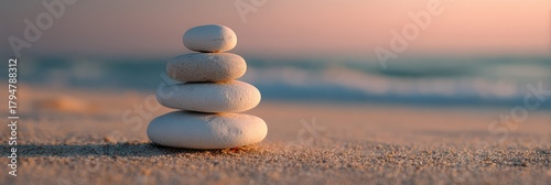 Stacked Pebble Tower on Sunset Beach: Balanced Stones for Calm, Zen, and Natural Relaxation Photography