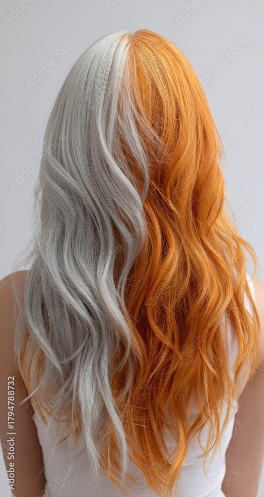 Naklejka premium Back of a person's head with flowing hair, split-dyed