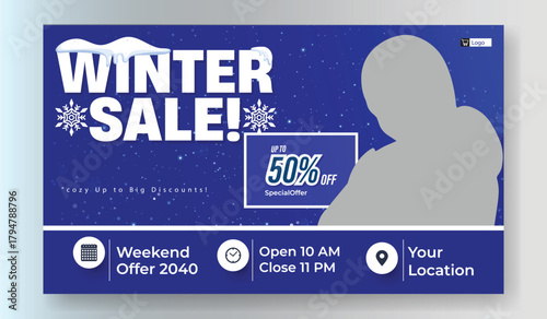Winter sale announcement with 50 percent off discount and three product display windows.
Bold blue winter sale announcement featuring 50 percent off discount and festive snowflakes