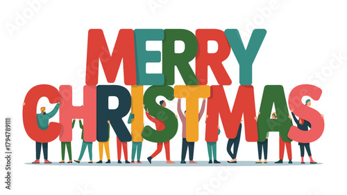 Fotografija Christmas Joy: A group of individuals coming together to hold up the words Merry Christmas in a vibrant display of festive cheer and unity