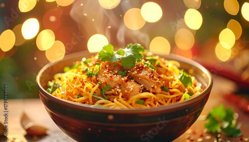 Steaming bowl of noodles with chicken pieces, garnished with herbs against a bokeh lights background