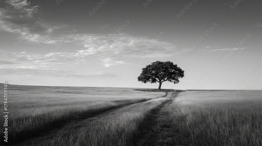Obraz premium Dramatic lone oak tree stands majestically in a vast, sunlit field with a winding path leading towards it under a cloudy sky.