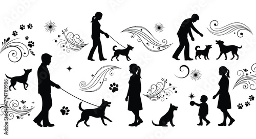 Black and white silhouettes of people walking their dogs pets