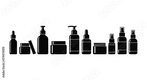Black silhouette cosmetic bottles vector skincare products set