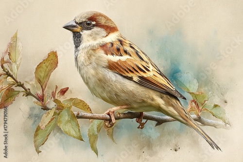 Sparrow Resting Gracefully on a Delicate Branch in a Serene Setting Generative AI