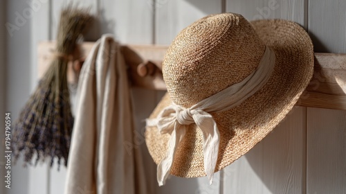 Straw hat and dried lavender on wooden peg rail with ribbon and linen shawl — calm rustic still life — warm minimal farmhouse decor inspiration for summer home and slow