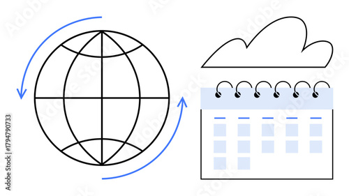 Globe encircled by arrows with a calendar and cloud, representing global connectivity, cloud storage, and time management. Ideal for planning, scheduling, collaboration, technology, global reach