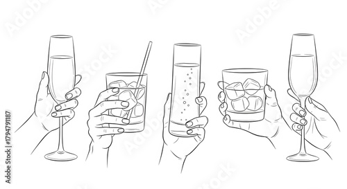 Hands holding various cocktails line art illustration for menu design isolated on white background