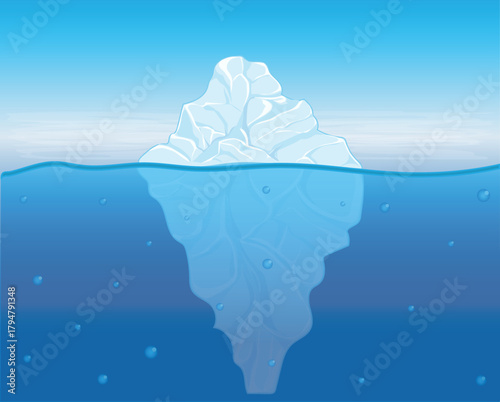 Vector design of a cliff or iceberg view floating in the middle of the ocean with a blue sky background, usually called an ICEBERG and at the bottom there is still part of the iceberg