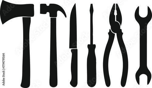 Collection of Essential Hand Tools in Silhouette: Hammer, Axe, Knife, Screwdriver, Pliers, and Wrench on White Background for Construction, DIY, and Repair Work Concept