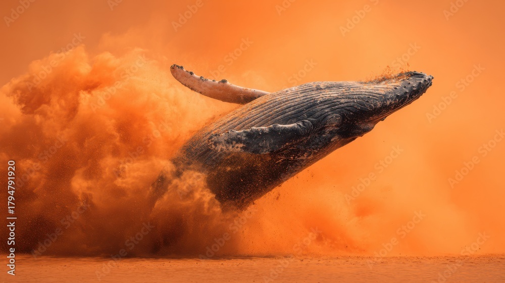 Fototapeta premium Powerful Humpback Whale Breaching Through Dramatic Orange Energy
