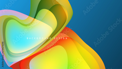 Abstract colorful shapes overlap, creating dynamic fluid design. Bright hues contrast dark background. Modern visual element.