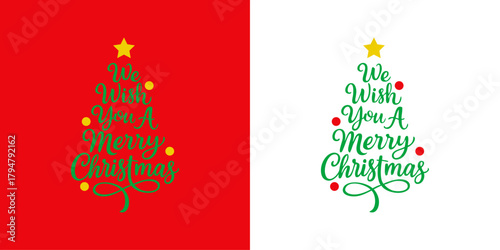 Logo con mensaje We Wish You a Merry Christmas en caligrafía con forma de árbol de navidad con estrella y circulos como bolas de navidad