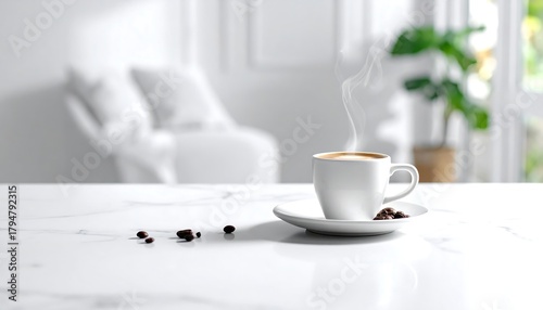 Steaming coffee cup with beans on a white marble surface, soft background, natural light, and white armchair