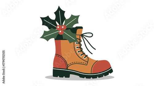 Festive Boot with Holly: A creatively designed illustration of a sturdy boot, adorned with a sprig of festive holly, perfect for holiday greetings and seasonal themes. 