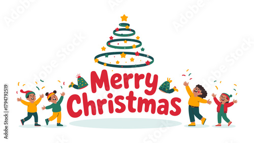 Joyful Christmas Celebration: A vibrant scene captures the spirit of the season, with happy children celebrating a merry Christmas in a joyous atmosphere with christmas tree
