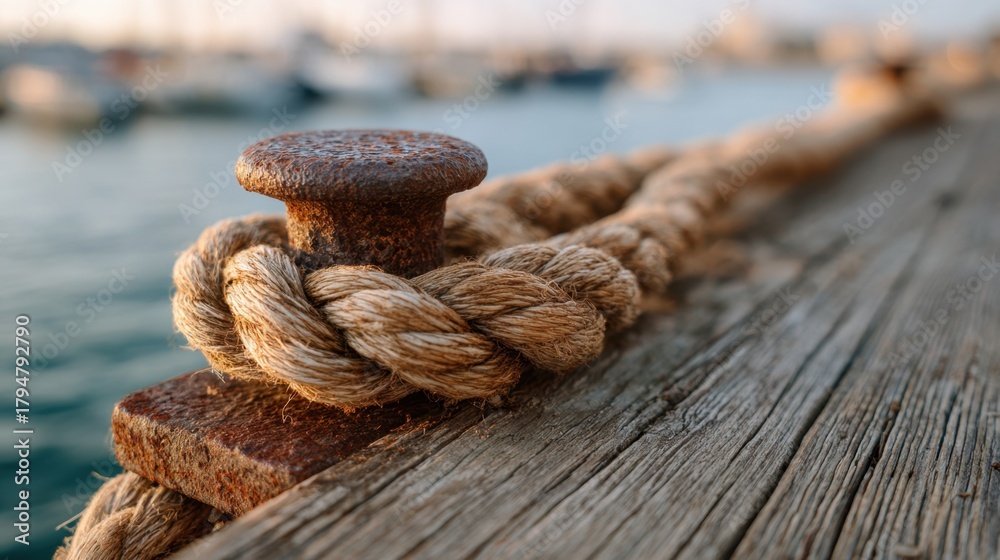 Fototapeta premium Rope Knot on Rusty Cleat, Wooden Pier at Harbor - Calm Security - Macro Close-Up with Shallow Depth of Field - Nautical Stock for Strength, Stability, Connection and Marine Industry