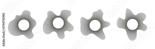 Sound rings. Circular wave. Sound circle lines. Radial frames. Wavy frame pattern. Radial ray. Equalizer logotype, radial spectrum. Wavy design element. Voice symbol. Depicting audio music icons.