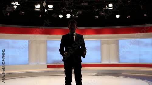 Confident newsman in the studio of a TV channel. Male moderator is getting prepared for political debates. Elections. Candidate