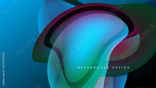 Abstract fluid shapes blend vibrant colors. Dark background emphasizes flowing design, creating dynamic visual impact. Modern aesthetic.