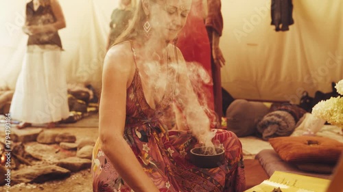 Spiritual healing ceremony, Mystical gathering with aromatic incense, Cleansing ritual held in tipi.