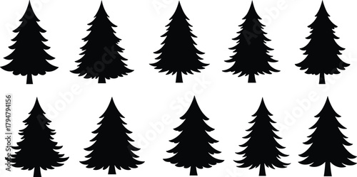 Pine tree silhouettes, forest shapes, evergreen icons, coniferous foliage, nature elements, stylized trees, botanical forms, vector pine grid