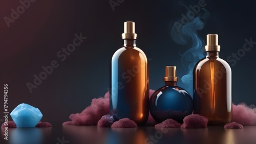 Luxurious Amber and Indigo Bottles with Ethereal Smoke, Vibrant Blue Crystal, and Pink Dust on a Dark Reflective Surface